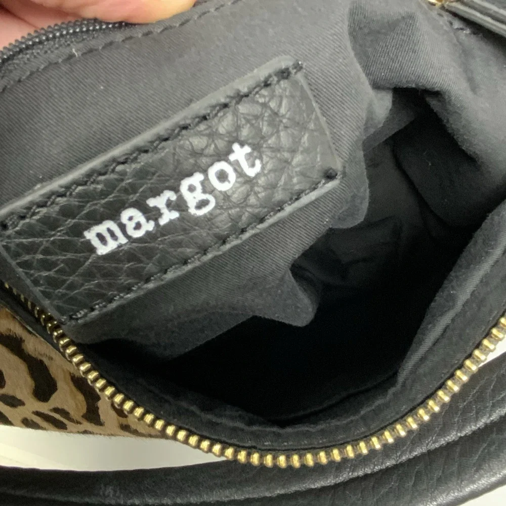 Margot Leopard Print Calf Hair and Black Tan Pebbled Leather Hobo Shoulder Bag
